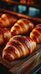 Freshly baked croissants resting on a wooden tray in a warm bakery setting during early morning hours