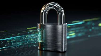 A glowing metallic padlock on a dark background with digital data streams, symbolizing cybersecurity and information protection.