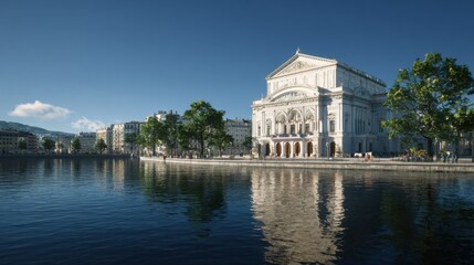 A scenic view of a classical building beside water, reflecting the sky. The building is beautifully detailed with elegant architecture