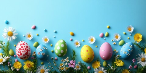 Colorful decorated Easter eggs surrounded by fresh flowers on a blue background during springtime celebration