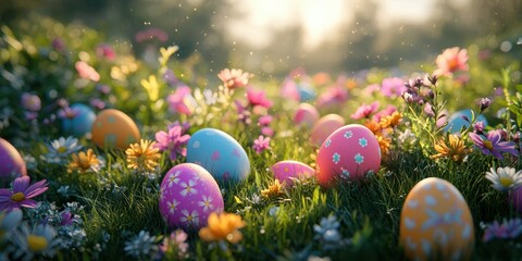 Colorful Easter eggs hidden among vibrant flowers in a sunlit meadow during springtime