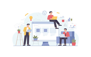 Diverse team collaborating on a digital project with laptops and data visualizations in a modern office setting