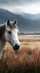 Majestic white horse stands in golden grasslands during a cloudy afternoon near distant mountains