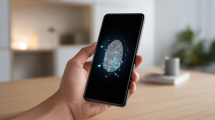 A hand holds a smartphone with a glowing fingerprint on the screen, symbolizing biometric security and modern technology.