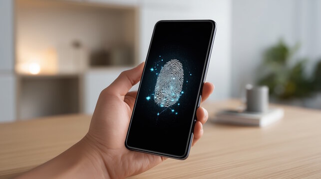A hand holds a smartphone with a glowing fingerprint on the screen, symbolizing biometric security and modern technology.