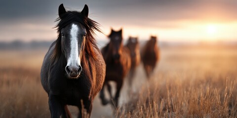 Wild horses run freely at sunset in a vast open field near the mountains