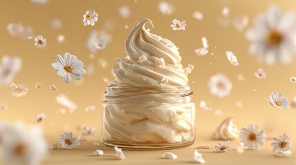 A swirl of creamy goodness with surrounding daisies. It's presented in a glass jar, with flower floating around it