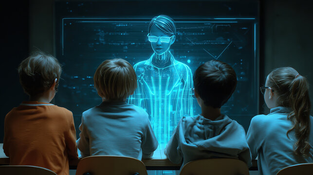 Children look at a holographic teacher in a classroom, symbolizing the future of education and technological innovation.