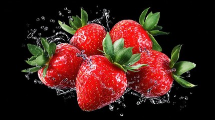 A group of fresh and juicy strawberries being splashed with water, creating a refreshing and enticing scene. The bright red berries pop against the water droplets