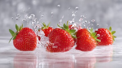 A group of juicy strawberries are splashed with water, creating a beautiful and refreshing visual. The droplets and water creates a dynamic shot