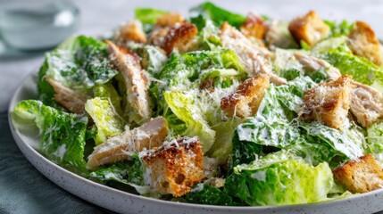 A delicious caesar salad with grilled chicken on a plate