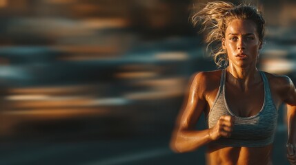 Woman runs vigorously on city street during sunset showcasing determination and athleticism