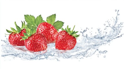 Fresh strawberries with refreshing water splash and green leaves, capturing the essence of natural freshness 