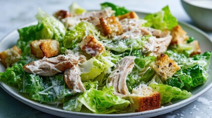 A delicious Caesar salad with grilled chicken, romaine lettuce, croutons, and creamy Caesar dressing.  The salad is served on a simple white plate. 