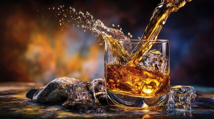 Whiskey pouring into a glass with ice on wooden surface