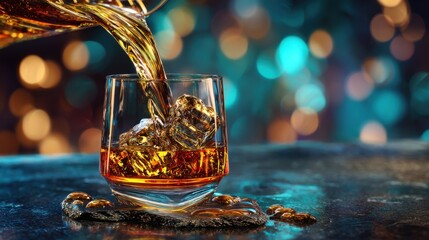 Whiskey pouring into a rocks glass with ice. The amber liquid glistens in the light, creating a sense of luxury and sophistication.