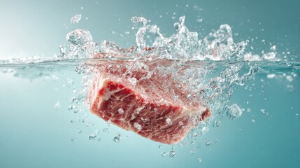 A raw meat steak splashing into water, water droplets, creating dynamic and appealing composition. The scene showcases a cut of fresh meat submerged in liquid, surrounded by bubbles and splashes