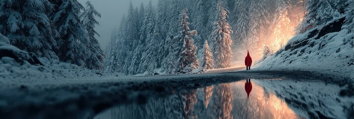 Winter forest journey with a figure in red, surrounded by snow-covered trees reflecting on the road
