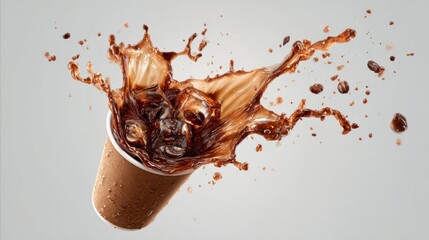 A dynamic shot of a coffee cup overflowing with an expressive splash, showcasing the fluid moment and its impact. 