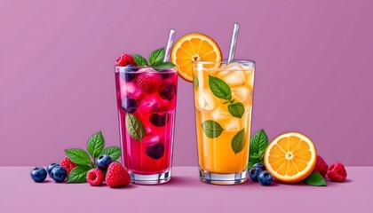 line art of berry and citrus mocktails with mint on a two tone minimal background