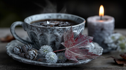 cup of coffee with autumn maple leaf and candle in the background.