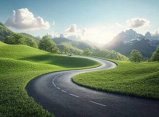 Beautiful mountain road in the Italian Dolomites with green meadows and trees on both sides of it. Summertime. A beautiful sunny day with clouds in the sky. An asphalt-paved, modern, winding, curved s