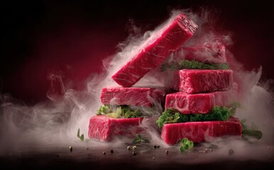 Fresh raw meat stacked in a tempting display, with a touch of smoky vapor adding to the allure