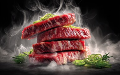 A stack of delicious raw steak with artistic steam. The fresh cut of meat is perfectly stacked and it look juicy