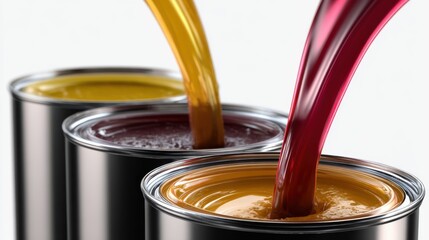 Colorful paints being poured into silver paint cans, creating vibrant splashes and mixtures