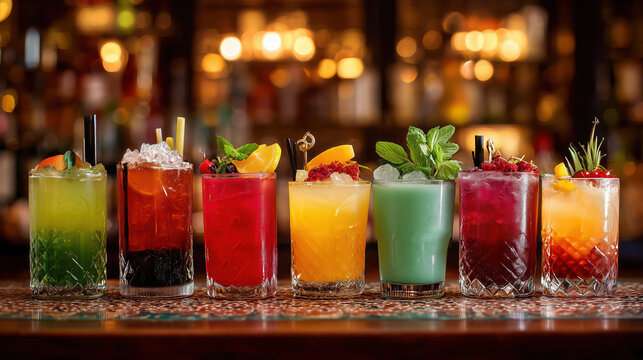 A row of vibrant and colorful cocktails with fruit garnishes on a bar counter with a blurred bar background.