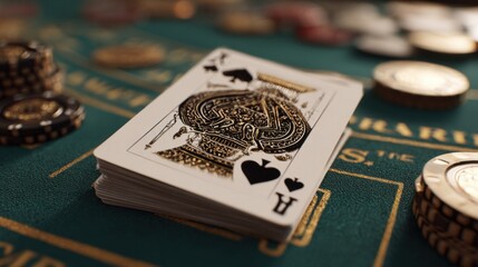 The Ace of Spades, the key card in a deck, rests prominently on the green felt table, surrounded by chips and coins. The scene hints at a high-stakes game, inviting speculation
