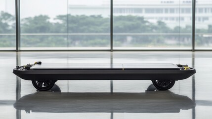 A sleek, modern, low-profile robotic cart with a flat top surface, shown in a bright, minimalist interior setting.