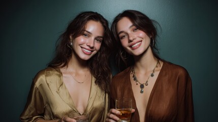 Two elegant women smiling and enjoying a social gathering