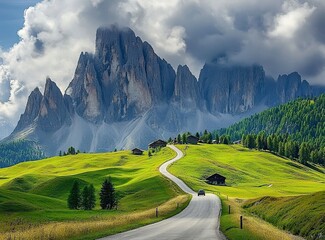 Beautiful mountain road in the Italian Dolomites with green meadows and trees on both sides of it. Summertime. A beautiful sunny day with clouds in the sky. An asphalt-paved, modern, winding, curved s