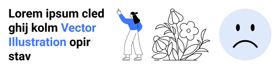 Young woman pointing upwards beside detailed flowers and frowning face icon. Ideal for personal growth, contrast, emotional awareness, nature, minimalism, mental health, simple landing page