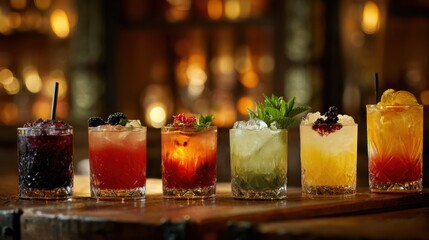 A row of colorful cocktails beautifully presented on a bar. The drinks vary in color and garnish, creating an enticing scene.