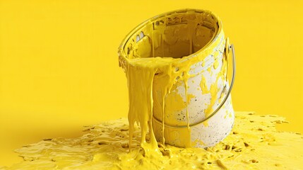 A spilled can of vibrant yellow paint, covering the ground