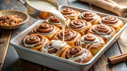 Freshly Baked Cinnamon Rolls Being Glazed with Creamy Icing in a Baking Pan new 2025 trendy realistic photo, warm lighting, baking scene, top view, rustic style.
