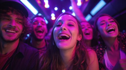 A crowd of joyful people laughing and singing together during a party. The scene is illuminated with vibrant neon lights