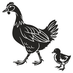 Obraz premium Black and White Vector Silhouette of Hen and Chick