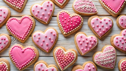 Fototapeta premium Assortment of Pink Heart Shaped Cookies with Icing on a Rustic Wooden Surface for Valentine s Day new 2025 trendy realistic photo, warm lighting, baking scene, top view, rustic style.