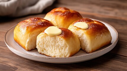 Delicious Freshly Baked Hot Buns Topped with Creamy Butter on Plate