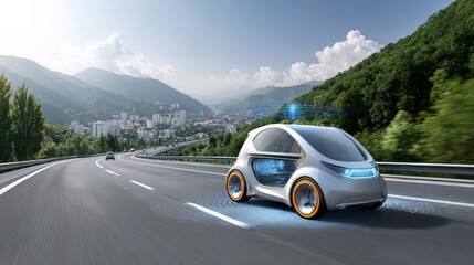 A sleek, futuristic electric car drives along a highway surrounded by green mountains and a distant city under a partly cloudy sky.