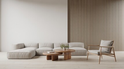 Minimalist living room with sectional sofa and wooden accent chair image