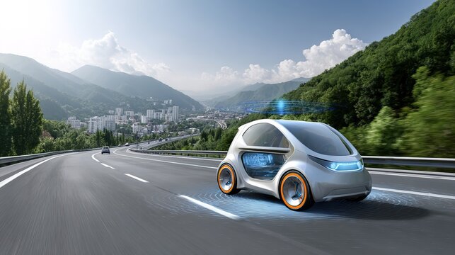 A sleek, futuristic electric car drives along a highway surrounded by green mountains and a distant city under a partly cloudy sky.