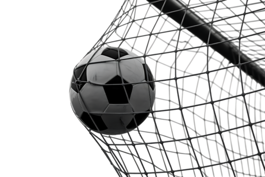 Monochromatic soccer ball strikes the net and makes a goal in a dramatic display of athletic prowess and precision, contrasted against a black background