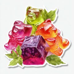 Colorful gummy bears and jelly cube surrounded by fresh mint leaves at a vibrant display Generative AI