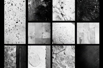 A collage of monochrome textures showcasing various patterns and surfaces