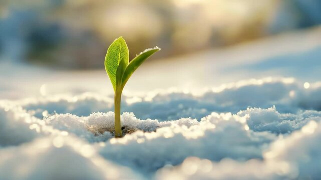 Fresh green sprout growing through snow with sunrise light. Concept of new life, breakthrough, spring coming footage.