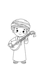 Cute cartoon boy wearing traditional clothing and playing a stringed instrument isolated on transparent background